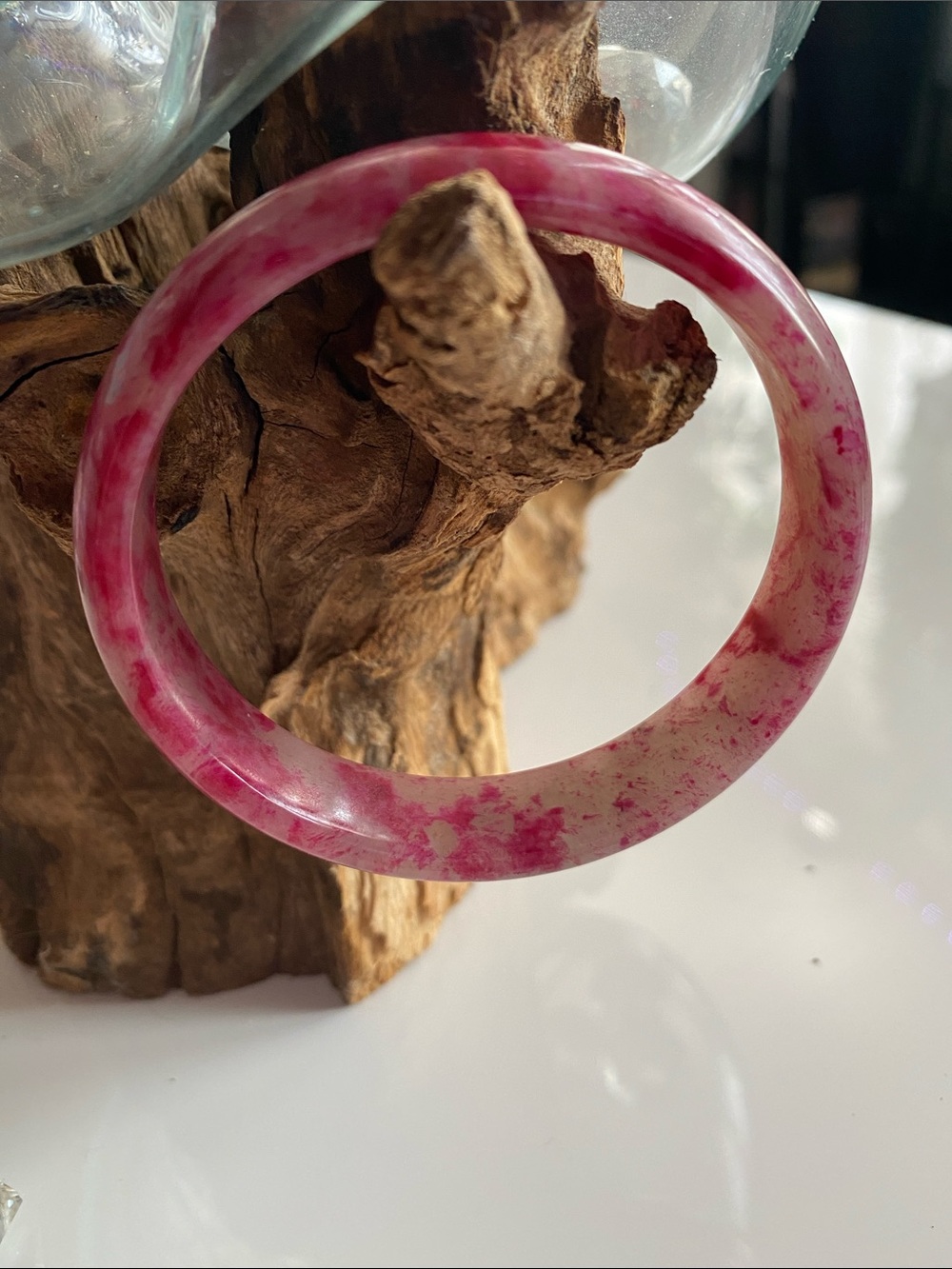 Pink Marbled red jade Bangle with a white jade ring.